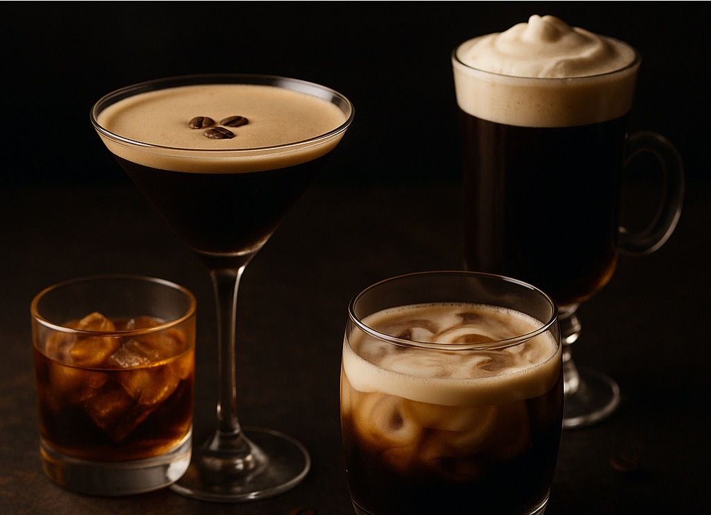 Image on a dark surface and background featuring an espresso martini, Carajillo, White Russian and Irish Coffee