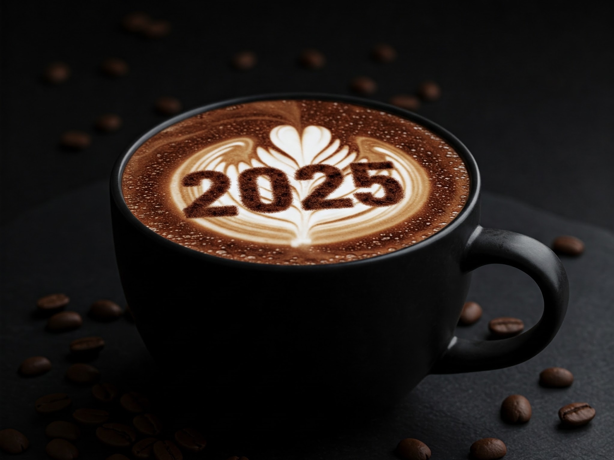 Coffee cup with 2025 in latte art