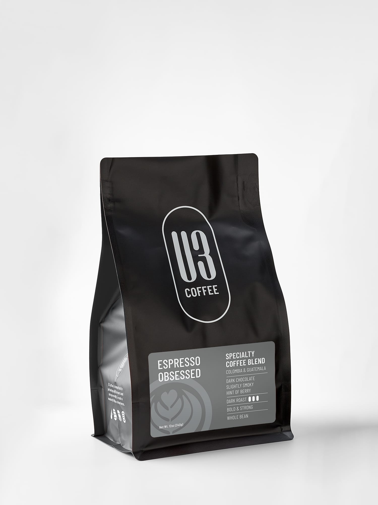 12oz. bag of Espresso Obsessed dark roast blend of Colombian and Guatemalan beans from U3 Coffee.