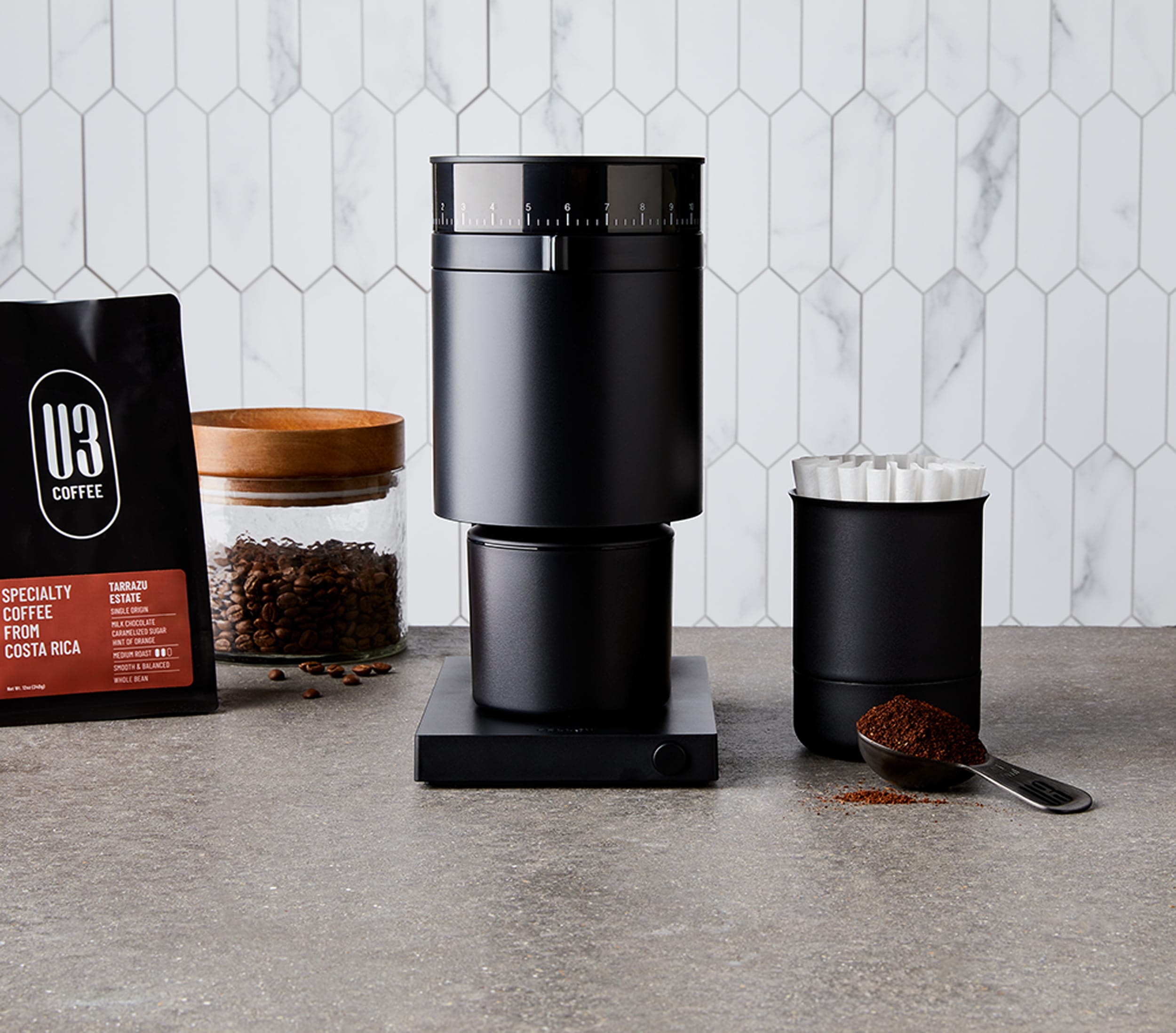 Opus Whole Coffee Bean Grinder, U3 Whole Bean Coffee, Airscape, Scoop