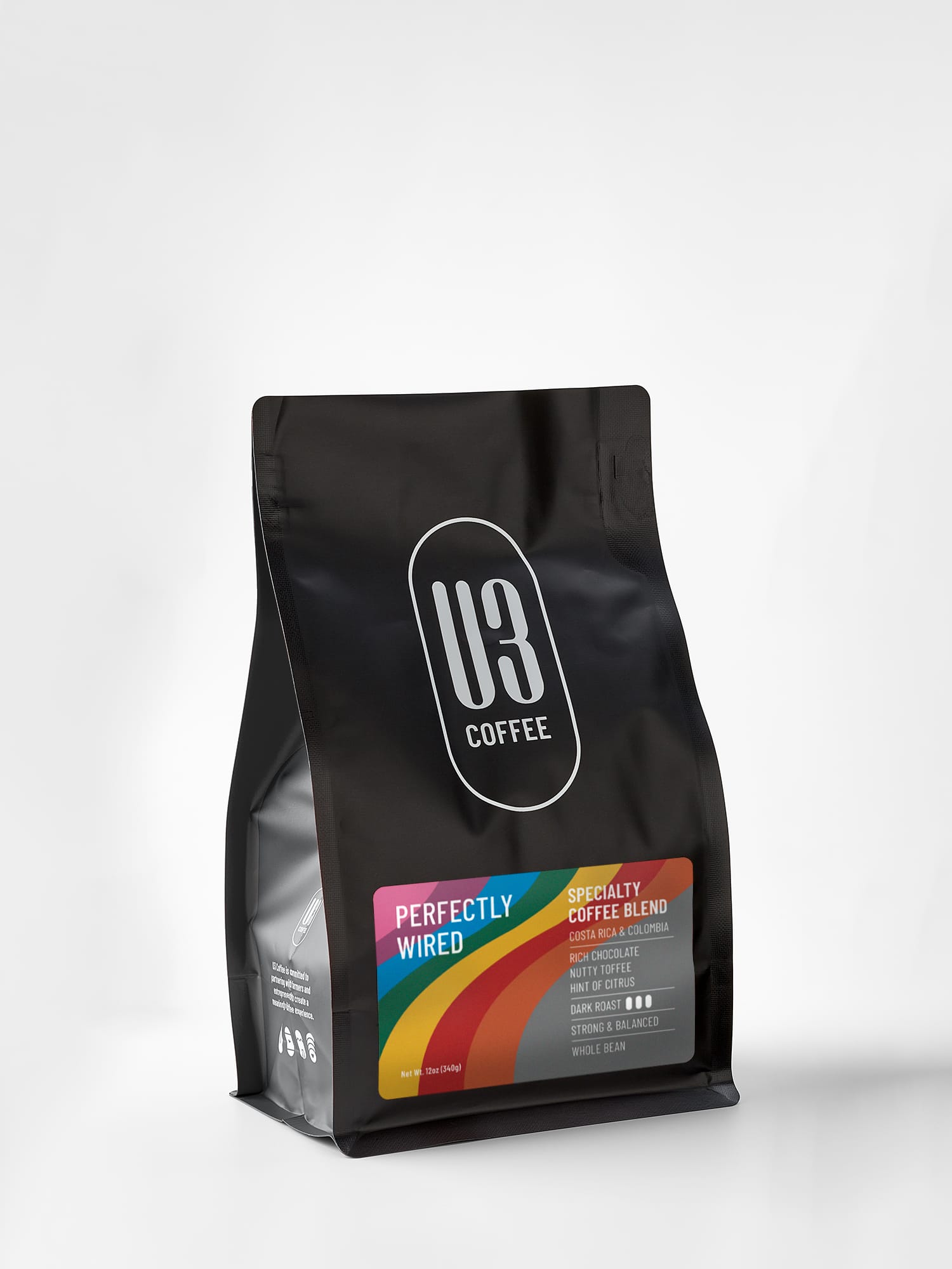12 oz bag of Perfectly Wired, Costa Rican & Columbian dark roast blend from U3 Coffee.