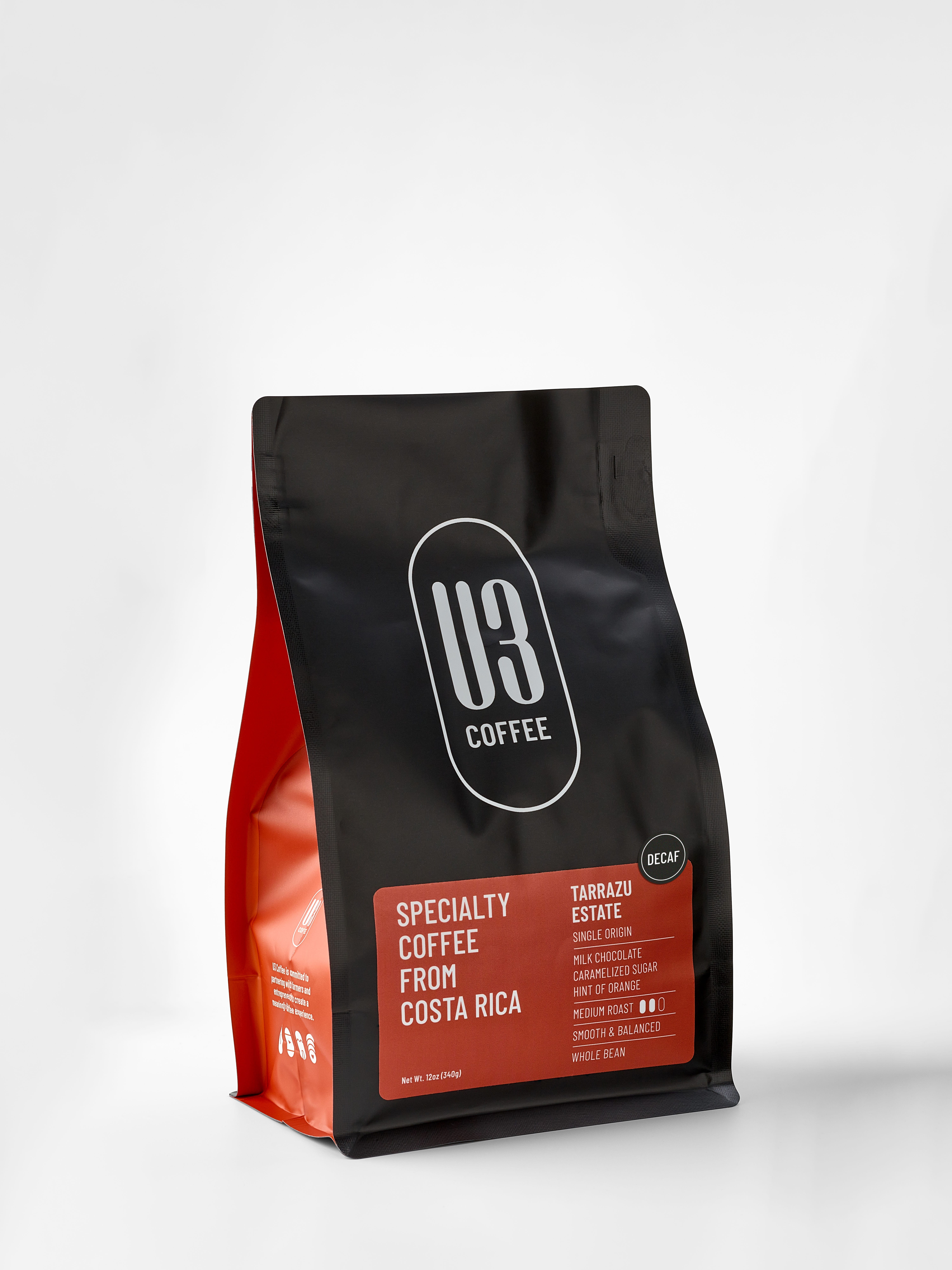 12oz bag of DECAF Tarrazu Estate single-origin Costa Rican medium roast coffee from U3 Coffee.